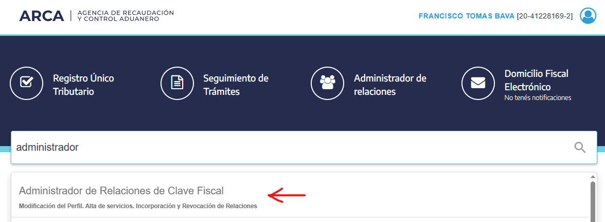 Buscador del portal de ARCA con el servicio Administrador de Relaciones de Clave Fiscal
