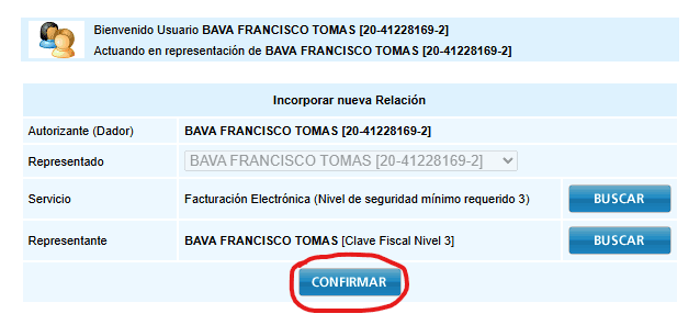 Resumen de la nueva relación con el botón CONFIRMAR señalado