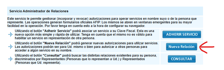 Menú del Administrador de Relaciones con el botón Nueva Relación señalado