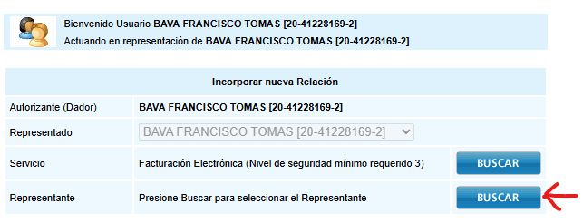 Pantalla Incorporar nueva Relación con el botón BUSCAR de la fila Representante señalado